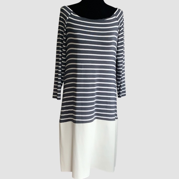 Anthropologie Bailey44 Blue White Striped Jersey Shift Dress Vegan Leather SZ M - Picture 2 of 12
